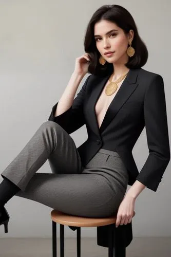 A photograph of a south American woman with fair skin and shoulder length dark hair styled with part in the middel,a woman wearing grey pants and heels,business woman,businesswoman,secretarial,pantsui