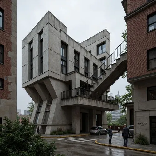 Rough-hewn concrete walls, exposed ductwork, industrial metal beams, weathered steel surfaces, raw brick facades, rugged stone foundations, brutalist fortress-like structures, dramatic cantilevered ro