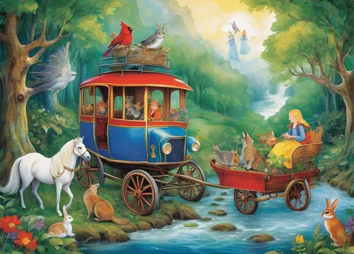 animal train,magical adventure,children's fairy tale,children's ride,fantasy picture,carriage,horse-drawn,wooden carriage,sea fantasy,fairy tale,fairy world,caravan,wooden train,elves flight,horse drawn,transportation,enchanted forest,horse-drawn carriage,fantasy world,train ride,Illustration,Retro,Retro 20