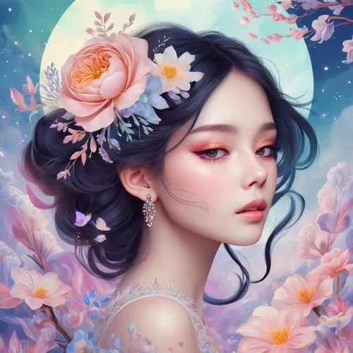 flower fairy,fantasy portrait,girl in flowers,kommuna,jasmine blossom,japanese floral background,Illustration,Realistic Fantasy,Realistic Fantasy 37