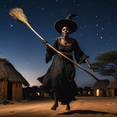 a black witch flying at night with a broom in the villages of africa,mundari,anmatjere women,maliana,wodaabe,massai,sangoma,maasai,umgeni,fulani,umoja,african woman,karamoja,mzilikazi,witchdoctor,makh