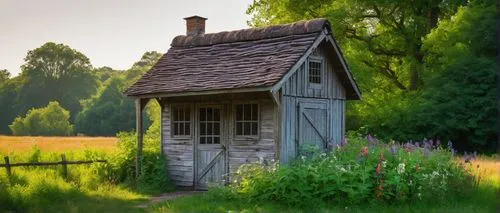 Rustic shed, traditional English countryside, wooden planks, corrugated metal roof, greenery climbing up walls, old lantern hanging from eaves, stone foundation, overgrown with vines, surrounded by lu