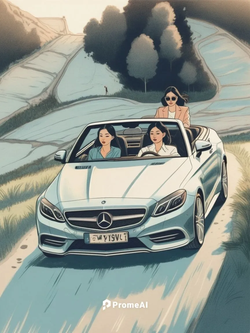 Line drawing of three human females in a Mercedes Benz.,the three ladies are driving a car down the road,convertibles,mercedes sl,mercedescup,illustration of a car,sl 65 amg,convertible,Illustration,V