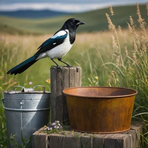 airbrush glossy image of a magpie bird perched on the edge of a rusty bucket and looking toward the tap with an open beak. The bucket is placed on the ground among tall grasses and wildflowers. In the