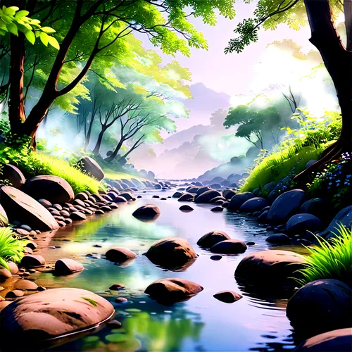 landscape background,clear stream,nature background,river landscape,streamside,mountain stream,streams,brook landscape,water scape,waterscape,flowing creek,watercolor background,creek,stream,a river,cartoon video game background,nature landscape,mountain river,natural scenery,tranquility,Illustration,Japanese style,Japanese Style 03