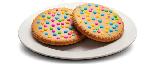 Round cookie, golden brown, crispy edges, soft center, decorated with colorful sprinkles, placed on a white ceramic plate, slight shadows, warm lighting, 3/4 composition, macro shot, shallow depth of 