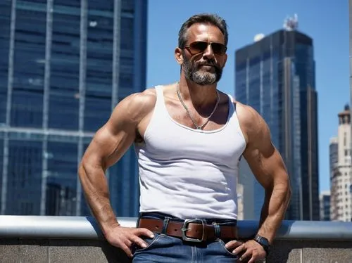 A mature muscular man, shirtless, athletic build, short dark hair, strong facial features, rugged beard, sunglasses, silver necklace, relaxed fit jeans, brown leather belt, black boots, leaning agains