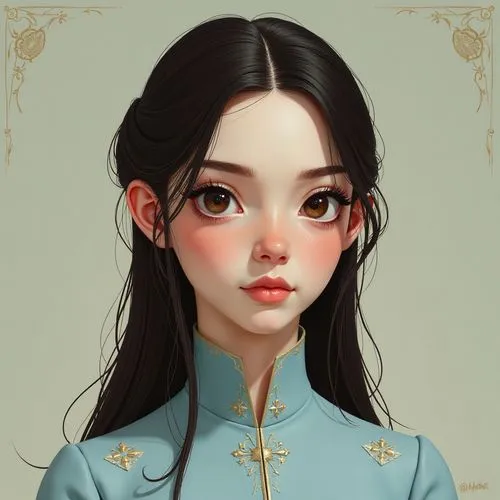 The image depicts a digitally rendered character with a youthful, androgynous face. The character has smooth, pale skin and long, dark brown hair that is styled back, with strands falling on either si