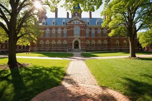 Johns Hopkins University, campus scenery, historic building, red brick architecture, Gothic Revival style, ornate stone carvings, grand staircase, wooden doors, stained glass windows, sprawling green 