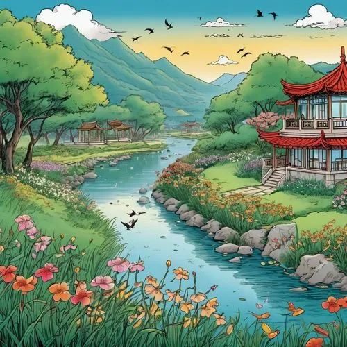 japan landscape,studio ghibli,home landscape,golden pavilion,ghibli,kanto,korean folk village,landscape background,takahata,teahouse,the golden pavilion,oriental painting,south korea,sugimori,hoenn,chuseok,japan garden,japanese garden,bird kingdom,cartoon video game background,Illustration,American Style,American Style 13