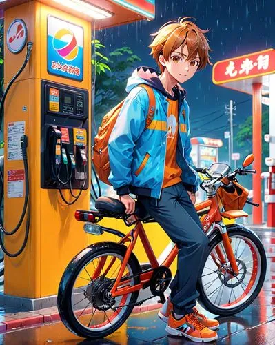 convenience store,gas station,bike,gas-station,biking,e-gas station,bicycle,tokyo city,rain suit,e bike,mobike,tokyo,petrol pump,city bike,windbreaker,tracer,electric gas station,mc,pedal,rainy,Anime,Anime,Realistic