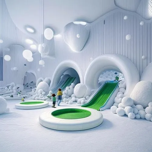 snowhotel,snowslide,futuristic art museum,snowslides,inflatable pool,futuristic landscape