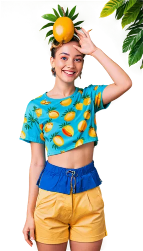 Mango character, smiling face, bright eyes, yellow skin, green leaves on head, holding mango, tropical fruit pattern shirt, blue shorts, bare feet, standing, vibrant colors, soft focus, shallow depth 