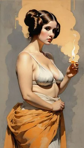 the drawings drawn with lit matches were cute, in the style of feminine portraiture of Princess Leia Organa, Curvaceous, voluptuous and fat. golden light, light gray, pensive poses, smokey background,