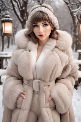 большая грудь, макияж, зима, шуба, снег, деревья, фонарики,fur coat,white fur hat,suit of the snow maiden,furs,fur,animal fur,syberia,shearling,fashion doll,coat color,snow white,anfisa,women fashion,