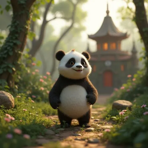 A Cute Panda Entrenched in a Disney Castle, Clay Material, Pixar, Cartoon, 3D Rendering, Ultra Fine Detail, Depth of Field, Ambient Occlusion, Ray Tracing,there is a panda standing in the middle of a 