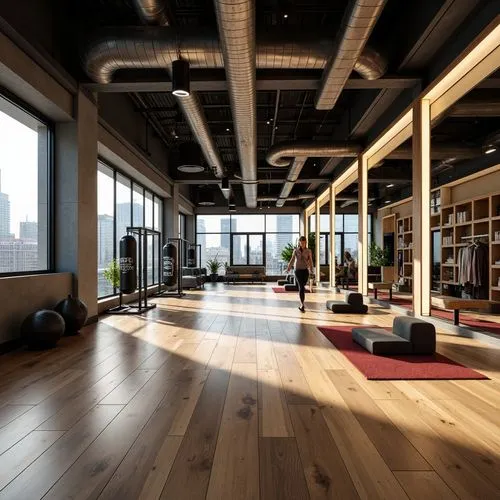 loft,fitness room,hardwood floors,lofts,wood floor,dojo,flooring,daylighting,fitness center,fitness facility,wooden floor,floors,modern office,hardwood,3d rendering,gymnastics room,floorboards,yoga mats,livingroom,hallway space