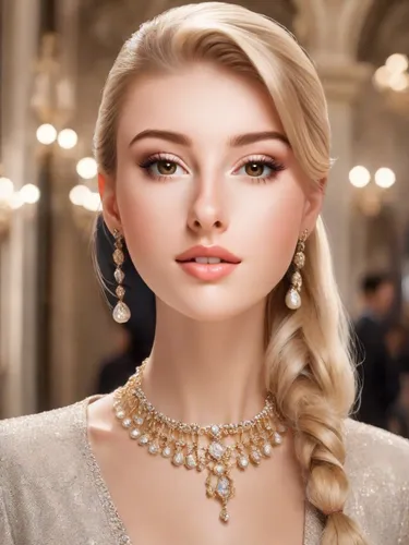 gorgeous blonde lady, with a ponytail and extra trendy chic Parisian clothes, photorealistic.,bridal jewelry,bridal accessory,realdoll,gold jewelry,jewelry,pearl necklace,romantic look,pearl necklaces