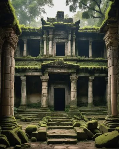 Ancient ruins, mysterious atmosphere, crumbling stone walls, intricate carvings, weathered statues, vines crawling up columns, overgrown with moss, temple entrance, massive stone doors, torches lit, a