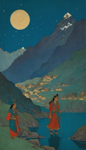 khokhloma painting,night scene,ladakh,bhutan,gokyo ri,oriental painting,indian art,luo han guo,ganga,mountain scene,lake tanuki,himalaya,tibetan,yunnan,bansuri,ganges,qinghai,gilnyangyi,buddhists monks,vajrasattva,Illustration,Retro,Retro 17