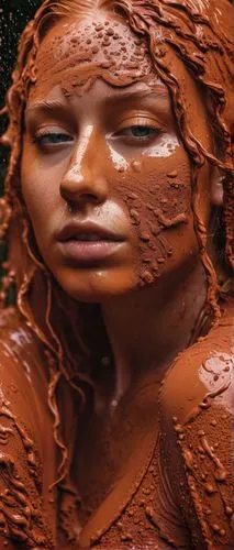 pretty bbw german girl with red hair and a chubby corian girl. they smear red clay in each other's hair. they are both sweating. they are both soaked and covered in red clay. their hair is soaked and 