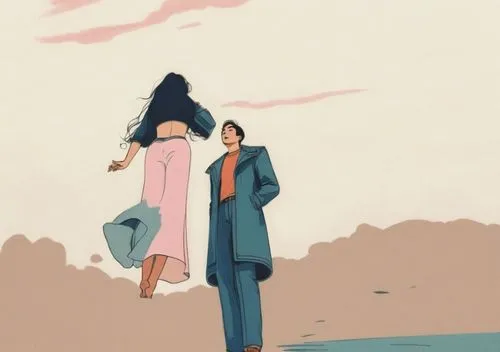 Line drawing of a human couple.,a drawing shows a woman on the beach with a man standing next to her,champloo,nodame,chomet,shinran,nouaimi,shinbo,Illustration,Vector,Vector 03