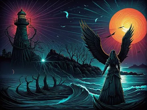 a bird flying above the ocean with some trees in the background,lighthouses,lighthouse,lady liberty,fantasy picture,electric lighthouse,mermaid background,Illustration,Realistic Fantasy,Realistic Fant