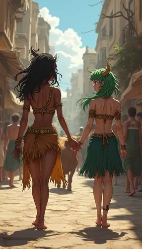 Draw in anime style: A Byzantine city marketplace. The people in the background are wearing Byzantine clothing. A barefoot, mean-looking Polynesian girl, with good muscle tone, ebony tan, wearing an u