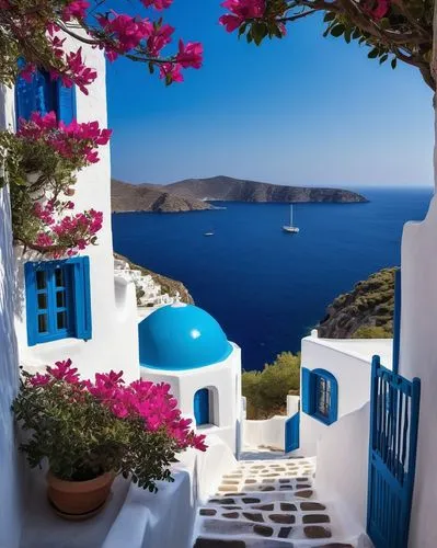 Cycladic architecture, ancient Greece inspiration, whitewashed walls, blue domed roofs, narrow cobblestone streets, scenic Mediterranean coastline, steep cliffs, turquoise Aegean Sea, sailboats and ya