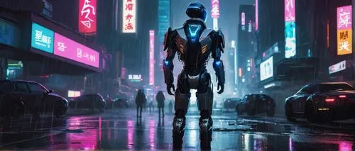 Cyberpunk cityscape, neon lights reflecting off wet pavement, R34 humanoid robot, shiny metallic body, glowing blue eyes, sharp angular face, spiky black hair, leather jacket, ripped jeans, heavy comb