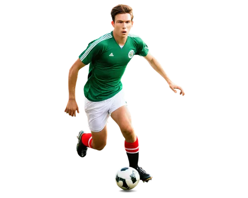 Male soccer player, athletic build, short hair, determined facial expression, sweaty skin, green jersey, white shorts, shin guards, cleats, running pose, kicking ball, stadium background, sunny day, d