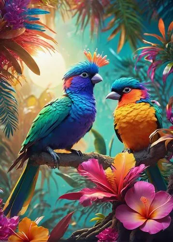 tropical birds,colorful birds,tropical bird climber,flower and bird illustration,tropical bird,tropical floral background,birds on a branch,tropical animals,parrot couple,parrots,rare parrots,colorful background,bird painting,tropical flowers,bird kingdom,birds on branch,rainbow lorikeets,hummingbirds,bird bird kingdom,tropical bloom,Conceptual Art,Sci-Fi,Sci-Fi 04