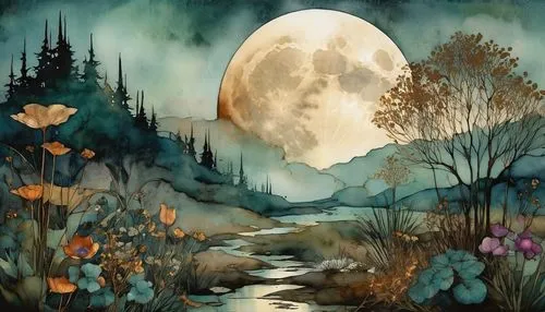 lunar landscape,moonlit night,watercolor background,fantasy landscape,moonlit,moonlighted,autumn landscape,moonrise,moon and foliage,moonscape,fantasy picture,full moon,moons,lune,fantasy art,moonlighters,moonshine,blue moon,fall landscape,dreamscapes,Illustration,Paper based,Paper Based 12