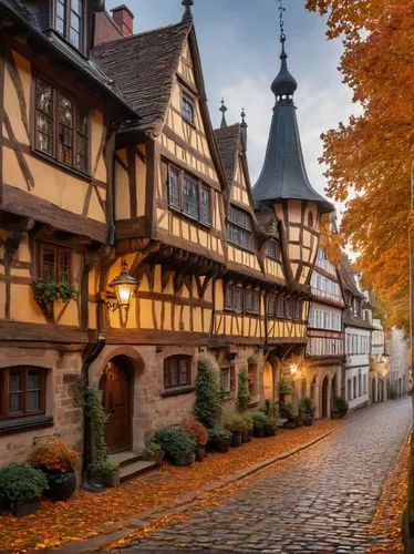 Historic German townhouse, 19th century, half-timbered facade, steeply pitched roof, dormer windows, ornate gables, intricate stonework, gothic arches, heavy wooden doors, iron door handles, lantern-s