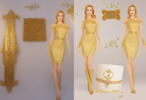 two 3d renderings of women with red dresses,gold foil mermaid,derivable,gold color,gold wall,gold foil corner,gold spangle,Photography,General,Realistic