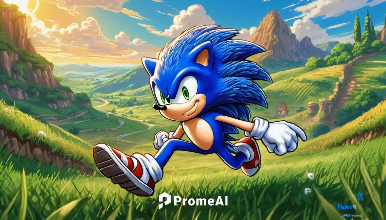 Sonic themed sprite creator, cartoon style, blue anthropomorphic hedgehog, green eyes, quills on back, running pose, dynamic movement, speed lines, bright vibrant colors, sunny background, fluffy whit