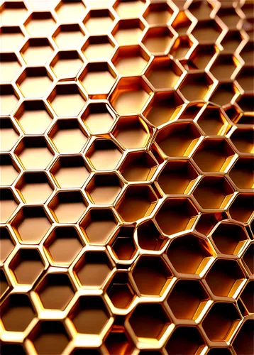 Hexagonal cells, golden honeycomb pattern, detailed texture, shiny surface, 3D rendering, bright lighting, close-up shot, shallow depth of field, warm color tone, intricate design, geometric structure