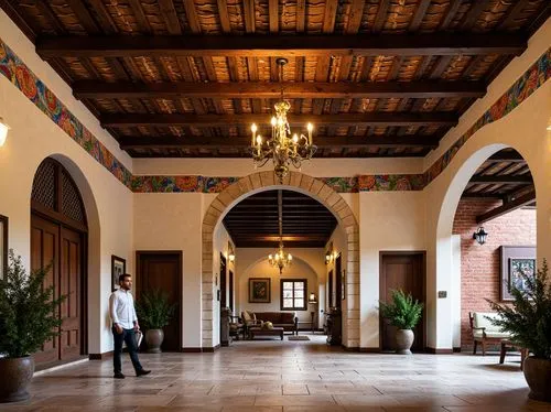 Rustic wooden beams, exposed brick walls, arched doorways, ornate metalwork, terra cotta roof tiles, colorful ceramic accents, intricate stonework, regional cultural patterns, vibrant textile details,