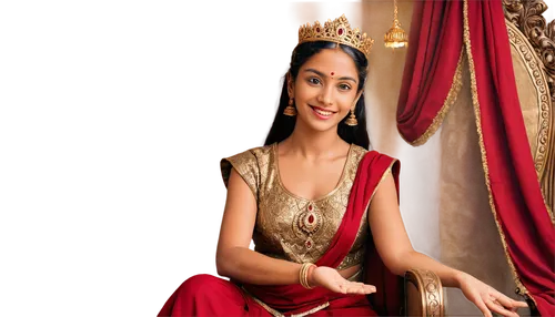 Durga Matha, Hindu goddess, golden crown, red sari, intricate jewelry, benevolent face, gentle smile, serene eyes, decorated hands, lotus flowers, ornate throne, velvet drapes, warm lighting, soft foc