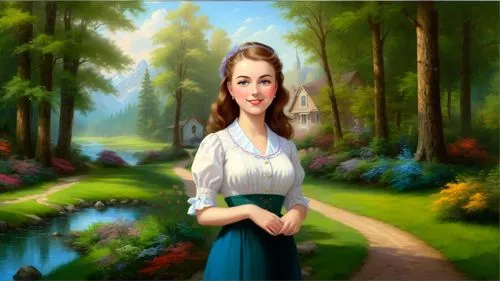 masterpiece landscape painting, beautiful majestic scenery, by Bob Ross, by Thomas Kinkade,girl in the garden,dirndl,girl with tree,girl on the river,portrait background,landscape background,world dig