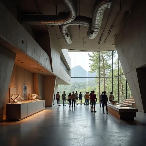 Modern visitor center, constructivist architecture, angular lines, geometric shapes, industrial materials, exposed ductwork, polished concrete floors, minimalist decor, interactive exhibits, futuristi