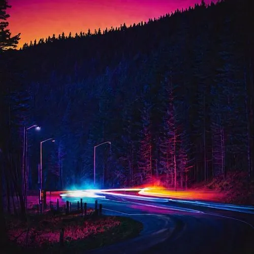 highway lights,night highway,neons,colorful light,night glow,car wallpapers,Photography,Documentary Photography,Documentary Photography 04