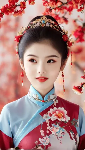 beautiful young woman 19 years old wearing chinese traditional costume in red color happy face a blossom flowers in background,hanbok,geisha girl,oriental princess,ao dai,korean culture,taiwanese oper