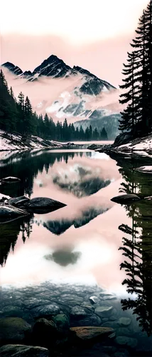 Mountainous landscape, majestic peak, snow-capped, misty atmosphere, rugged rocks, serene lake reflection, lush green forest, pine trees, morning fog, warm sunlight, panoramic view, 3/4 composition, s