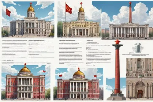 Grand, majestic USSR architecture, Soviet-era monumental building, intricately detailed columns, ornate facades, grandiose entrance, red star symbol, hammer and sickle emblem, imposing stone walls, Le