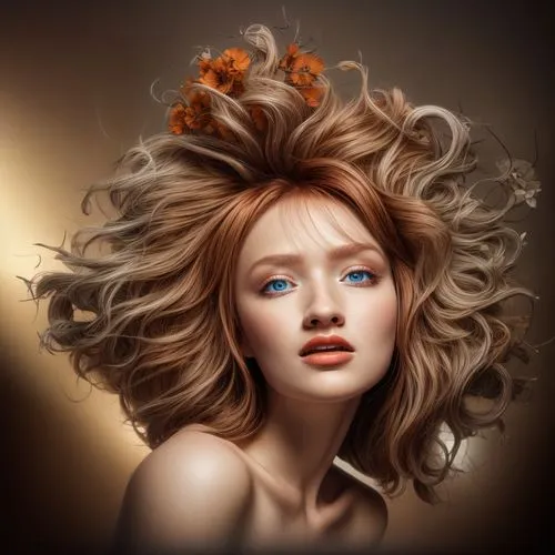 artificial hair integrations,mystical portrait of a girl,fantasy portrait,burning hair,faun,bouffant,golden crown,world digital painting,dryad,golden haired,faery,hair coloring,little girl in wind,image manipulation,hairstyler,chestnut blossom,retouching,girl portrait,retouch,orange blossom,Common,Common,Film