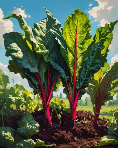 Imagine a peaceful garden scene where Swiss chard is growing alongside other vegetables under a bright blue sky.,giant rhubarb,swiss chard,vegetables landscape,rhubarb,vegetable field,pak-choi,romaine