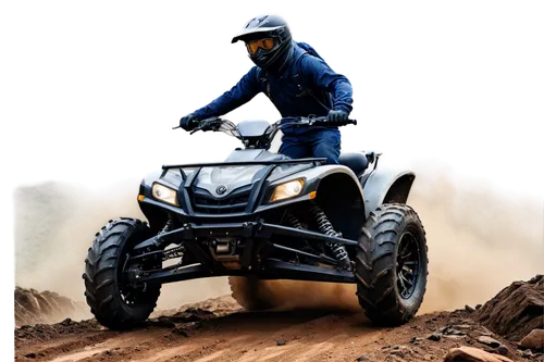 Four-wheelers, off-road vehicles, rugged terrain, massive wheels, metallic body, headlights, fog lights, sporty design, muscular lines, powerful engine, exhaust pipe, driver wearing helmet and goggles