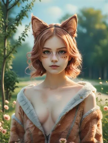 a girl with cat ears and covered with skin like cat fur stands in a park.,an anime picture shows a  with ears,miqati,kittani,fae,tera,furgal,triss,Photography,Documentary Photography,Documentary Photo