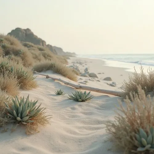 Coastal minimalism, serene beachside scenery, sparse plants, succulents, driftwood, weathered stones, soft pebbles, gentle slope, natural terrain, subtle texture, muted colors, pastel hues, calm atmos